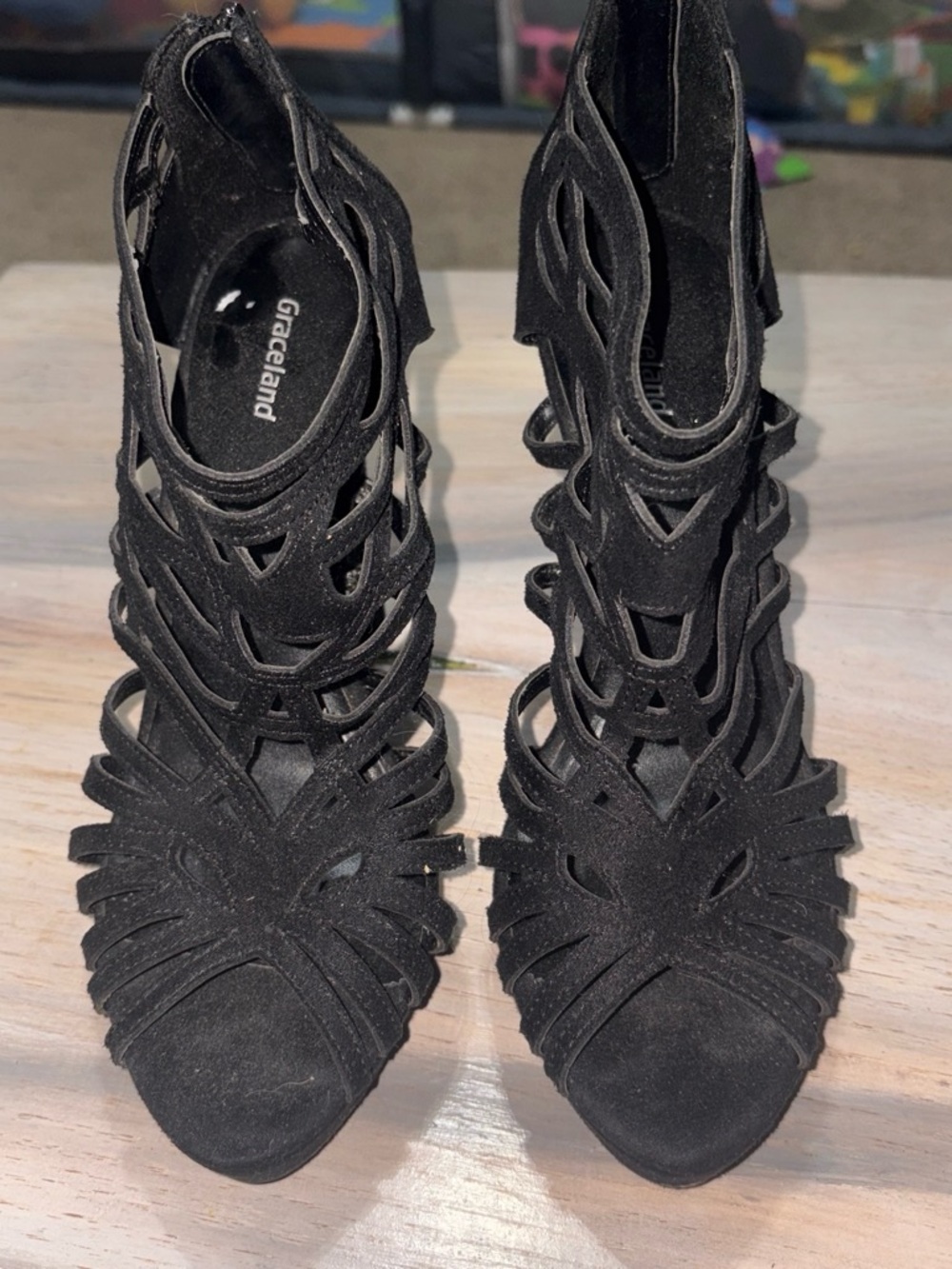 Grace Black Laser-Cut Strappy Heels